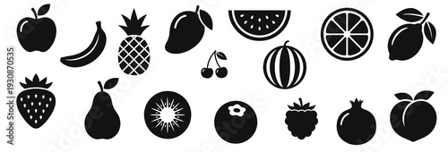 Minimalist Fruit Silhouette Icon Set – 30 Flat Vector Organic Food Symbols