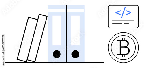 Cryptocurrency, blockchain, financial technology, coding, digital economy, data organization. Files and binders, Bitcoin symbol and code snippet. Cryptocurrency and blockchain concept