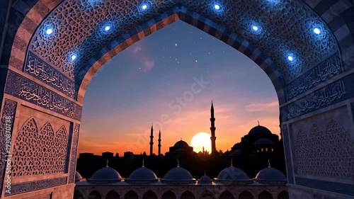 Majestic Islamic Archway Illuminated by Sunset View of Mosques and Minarets Under a Starry Night Sky