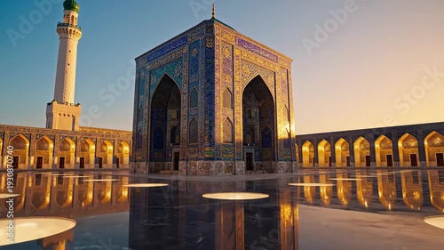 Majestic Islamic Courtyard at Sunrise with Intricate Blue Tiled Facade and Tall Minaret Reflecting