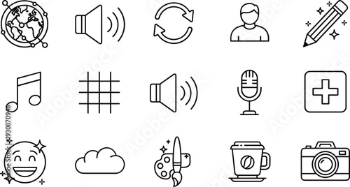User Interface Line Icons Set Featuring Media Audio Cloud Camera Refresh Emoji and Creative Tools Outline Collection