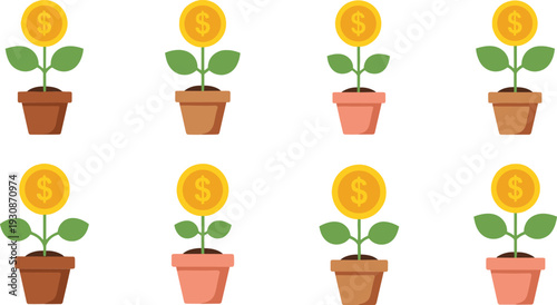 Money Growth Investment Concept with Coin Plants in Pots Financial Savings and Profit Increase Illustration Set