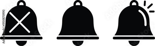 Notification Bell Icons Set Including Mute Silent and Active Ring Alert Symbols in Black Silhouette Style