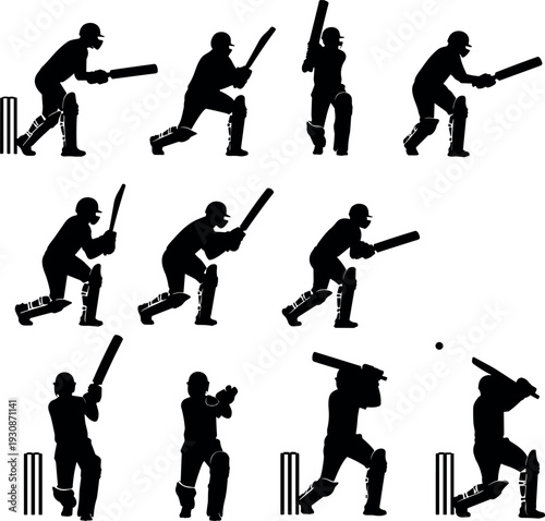 Large collection of cricket batsman silhouettes in various batting stances and shots