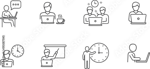 Remote Work and Online Learning Line Icons Set Featuring Freelance, Webinar, Time Management and Digital Communication Concepts