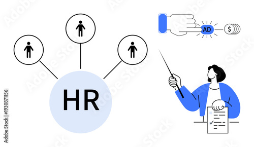 HR connects people with roles, clicking paid ad for hiring, recruiter reviewing details while holding application. Ideal for recruitment, talent management, career, workforce planning, advertising