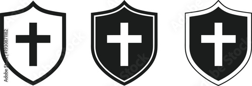 Shield Protection Icons with Cross Symbol Representing Security Insurance Healthcare Safety and Medical Defense Concept