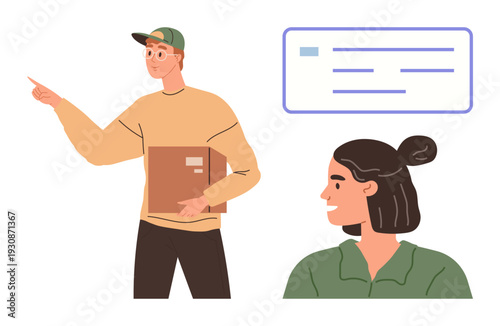 Teamwork, communication, education, delivery, collaboration, logistics. Man holding a box and pointing, woman smiling nearby with a message box. Teamwork and communication concept