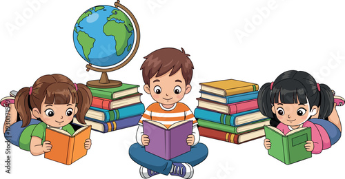 Group of happy children reading books together with stacks of books and a globe