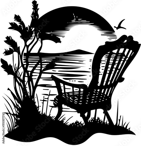 Tranquil coastal silhouette featuring a relaxing wicker chair by the water, with a distant lighthouse under a serene sky and flying bird