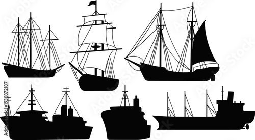 Black Silhouette Set of Historical Sailing Ships and Early Industrial Steamers Featuring Tall Masts Wooden Hulls and Vintage Cargo Vessels for Nautical History and Heritage