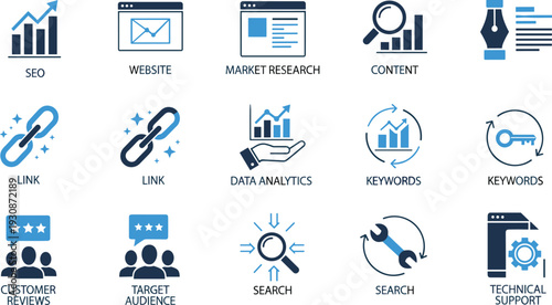 Digital marketing icon set, SEO website research, content keywords analytics, customer reviews target audience, search technical support