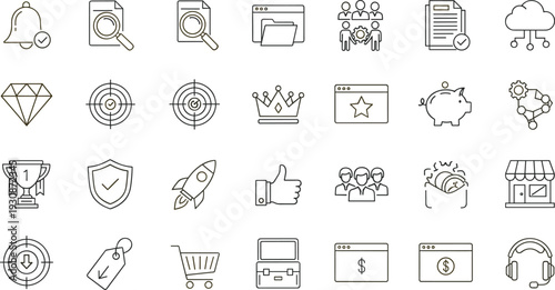 Business technology icon set, document target crown, piggy bank trophy shield rocket, storefront shopping cart briefcase headset