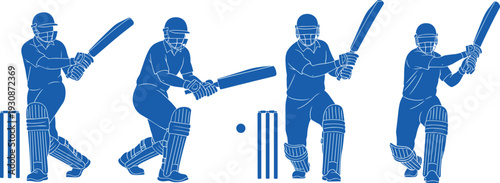 Set of blue cricket batsman silhouettes performing different batting shots