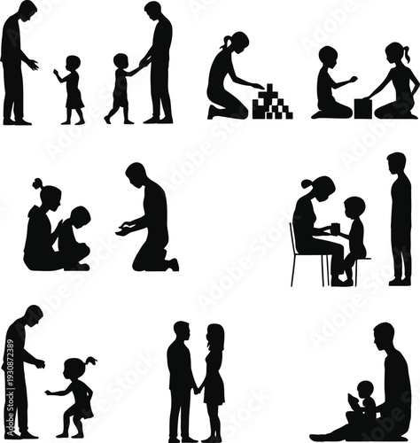Vector silhouette illustration collection featuring family parenting caregiving children interaction teaching nurturing modern artwork