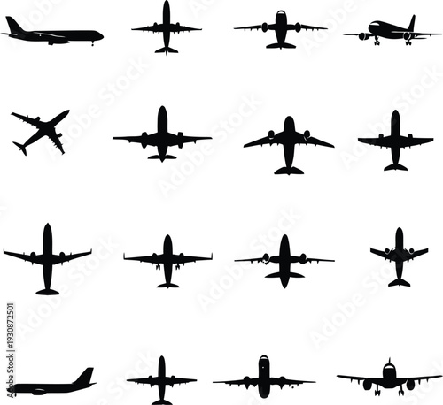 Set of airplane and aircraft silhouettes including jets, fighters and helicopters isolated for aviation and travel design