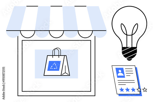 Storefront with shopping bag promoting recycling, lightbulb symbolizing ideas, profile with 4-star rating. Ideal for sustainability, branding, creative thinking, eco-friendly products, customer