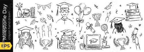 Graduation cap and crayon drawing for a graduate with a line art hat and doodle style, featuring a student in education through study stationary for higher success. Celebration vector illustration