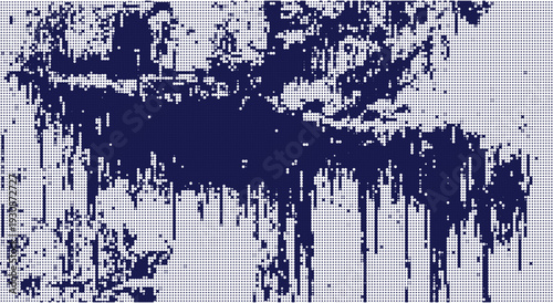 Abstract navy blue and white pixelated pattern with a textured, distressed look and a sense of digital decay.