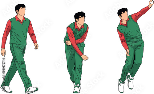 Set of cricket bowler in action performing bowling delivery in flat vector style