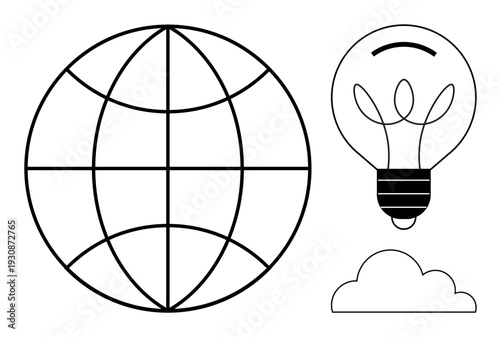 Global ideas, technology, innovation, connectivity, sustainability, brainstorming. Minimalist globe, light bulb and cloud. Innovation and technology concepts worldwide connectivity and solutions