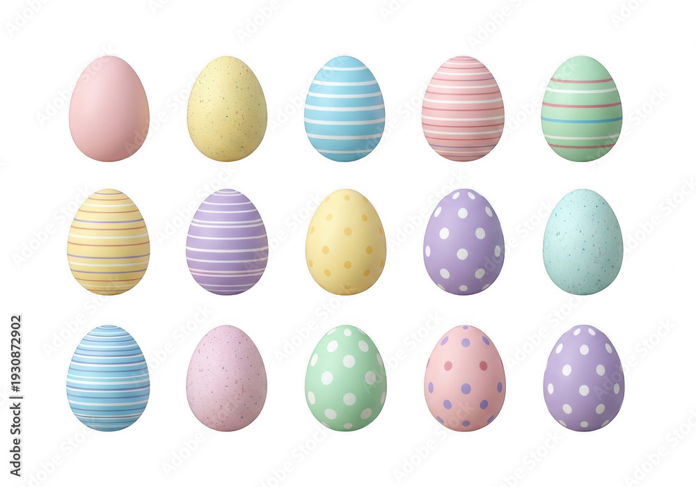 Fototapeta premium Colorful assortment of pastel easter eggs arranged in a grid pattern.