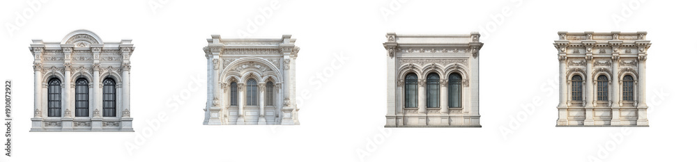 Fototapeta premium Elegant Architectural Facades: Ornate Building Exteriors with Windows and Details isolated on transparent background