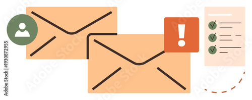 Email organization, online messaging, notifications, task management, digital communication, workflow automation. Two envelopes, exclamation mark user icon checklist. Email organization