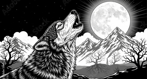Wolf howling at the full moon in a mountain landscape.