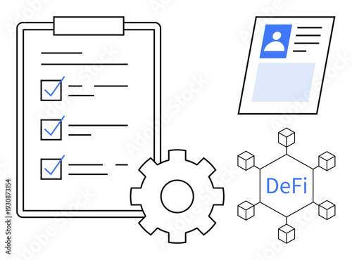 Decentralized finance concept. Decentralized finance ed with blockchain network, checklist, and gear financial functionality. Decentralized finance for technology, business, fintech, and blockchain