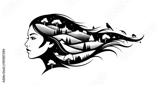 Woman with landscape in her hair surreal art.