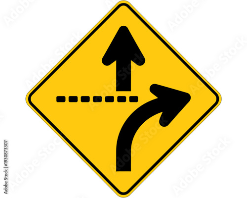Yellow diamond shaped road sign with arrows indicating lane merge ahead