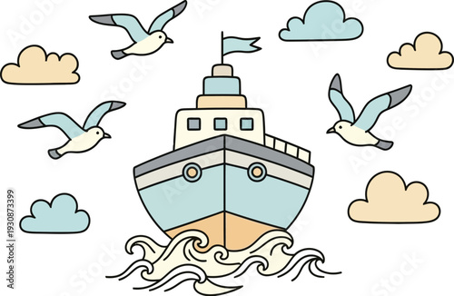 Cartoon ship sails on wavy blue ocean surrounded by stylized seagulls flying near fluffy beige and blue clouds.