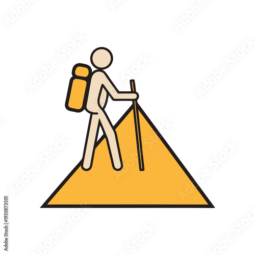 Stick figure hiker with backpack and trekking pole on mountain peak icon
