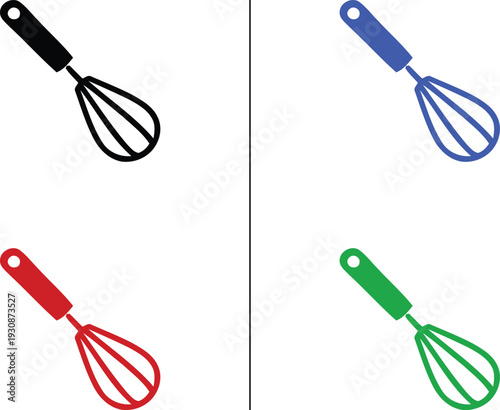 hand whisk and egg beater icon isolated on white background, vector illustration of kitchen mixer tool for baking and cooking in colorful solid and outline styles.