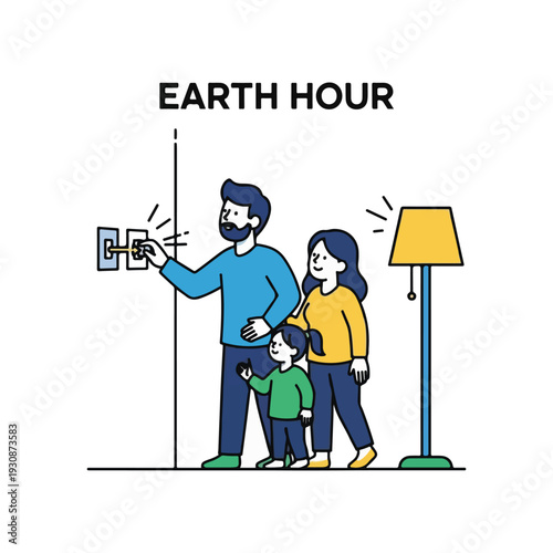 Family Participating in Earth Hour Energy Conservation Illustration