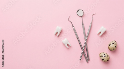Dental tools with white tooth models and speckled quail eggs on a pink background, oral healthcare concept, seasonal clinic layout, medical celebration, Easter, springtime festivity.
