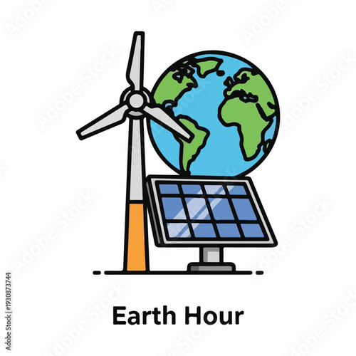 Renewable energy sources, wind turbine, solar panel, and planet Earth, symbolizing environmental conservation and sustainable power generation, flat design.