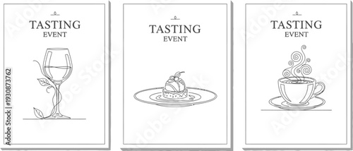 Three elegant line art posters advertise sophisticated tasting events featuring wine, dessert, and hot beverage options.