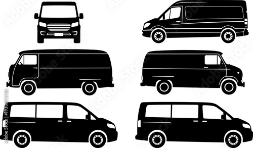 Black Silhouette Set of Modern Commercial Delivery Vans and Passenger Minivans From Front and Side View Perspectives for Urban Logistics Transport and Courier Services