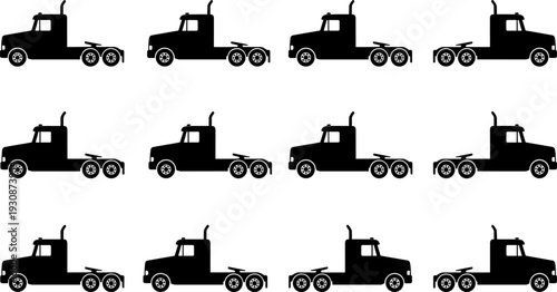 Black Silhouette Set of Semi Truck Tractor Units and Heavy Duty Rig Cabs for Commercial Transportation Freight Logistics and Industrial Road Haulage Design Elements