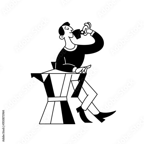 A man is drinking a cup of espresso leaning on a huge geyser coffee pot.