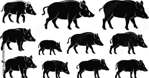 Collection of black animal silhouettes featuring farm livestock wild wildlife birds sea life and wild boar icons for nature design