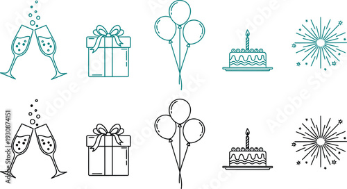 Birthday party icons feature champagne toasts, gift boxes, balloons, a celebratory cake, and festive starburst.