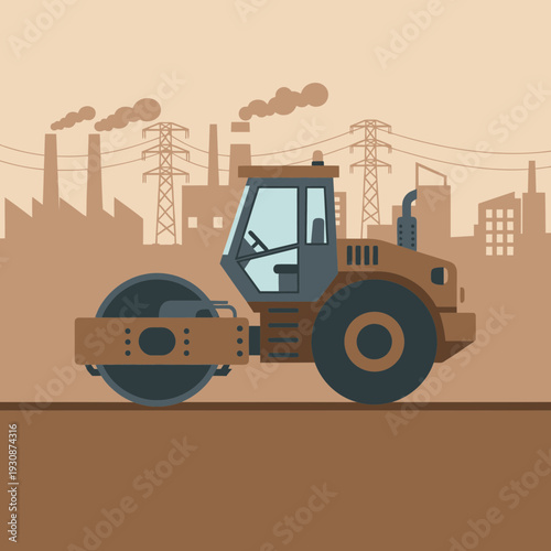 Industrial Steamroller Working On Construction Site With Factory Background