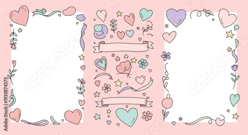 Doodle style frame with cute hearts, flowers, banners, and stars decorating a soft pink background for invitations.