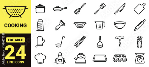 Kitchen utensils and cooking tools icon set with pans, knives, bowls, graters, peelers, blenders, scoops, brushes, and essential kitchen ranking symbols in clean modern line‑art vector style