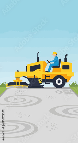 Industrial Street Sweeper Machine Operating On Paved Roadway With Blue Sky
