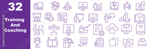 Training and Coaching icons set. Includes icons for presentation, mentor, lecture, workshop, goals, strategy, certificate, teamwork, progress, and learning tools. Editable stroke, line icons.