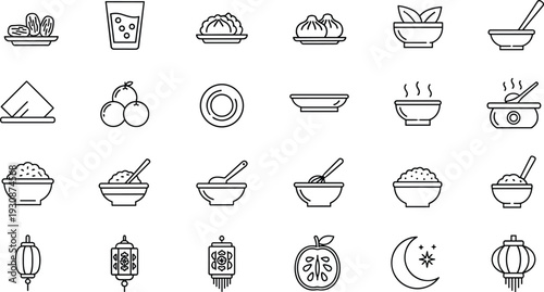 Asian food icon set, black line style, cultural festival symbols, dumplings, lanterns, rice bowl, traditional utensils